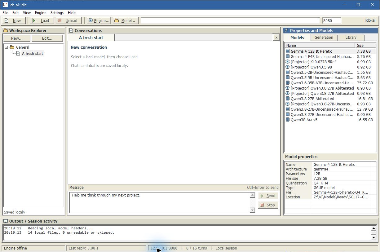 lcb-ai desktop workbench with conversations, model library, and local controls