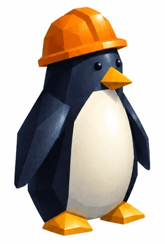 A small faceted penguin wearing a construction helmet